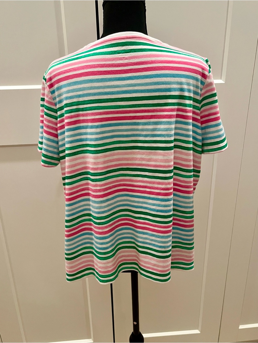 Kim Rogers Striped Short-Sleeve Crewneck Tee in Pink, Green & Blue Casual Cotton - Picture 4 of 6